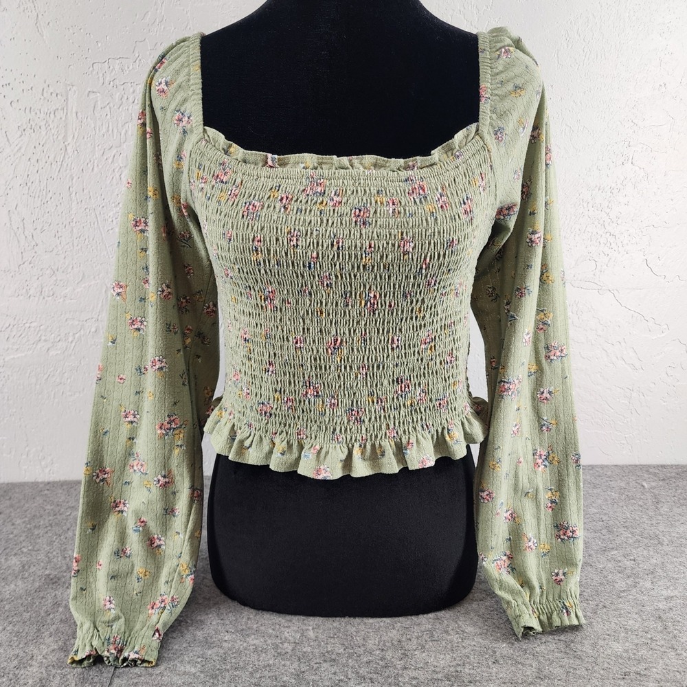 SO Green Floral Smocked Square Neck Peplum Long Sleeve Top Cottagecore Womens M